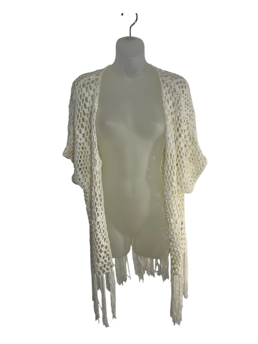 POL Ivory Crochet Fringe Kimono Cardigan Duster Boho Beach Size L